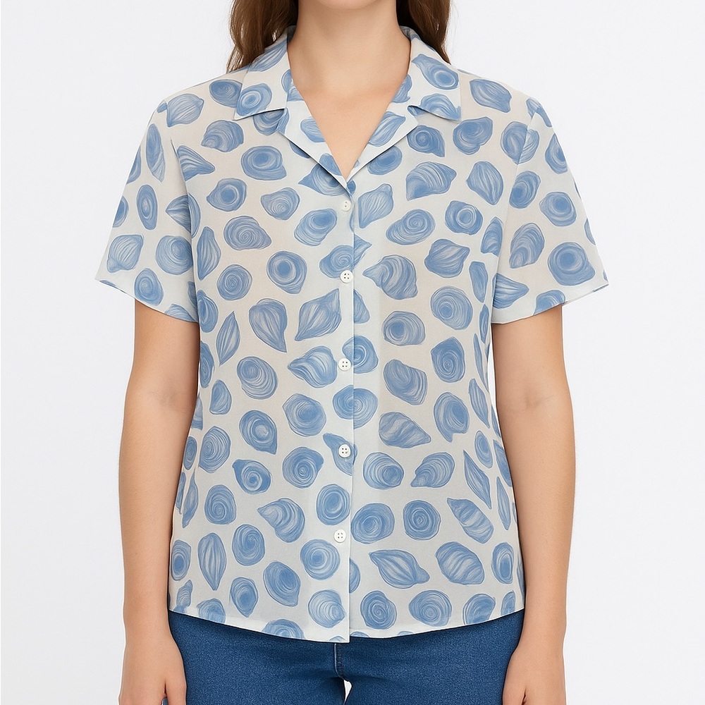VTG Seashell print Womens blouse Medium Beachy resort wear statement nautical